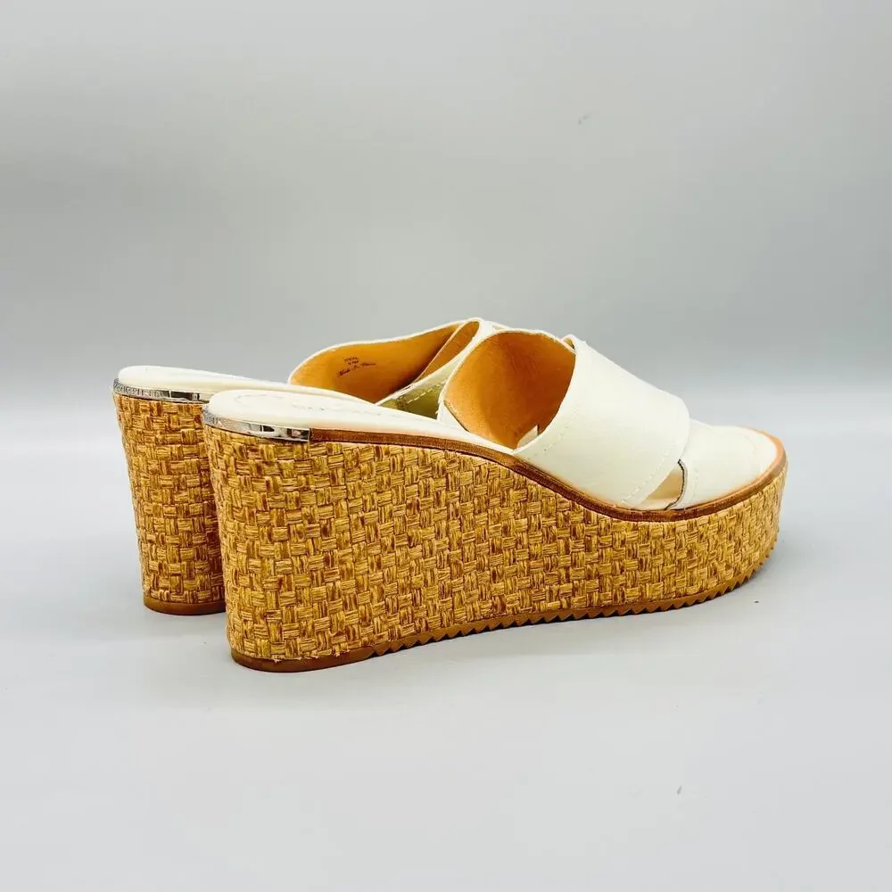 Donald Pliner Sandals Womens 9.5 White Leather Ideal Rattan Wedge Platform Shoes
